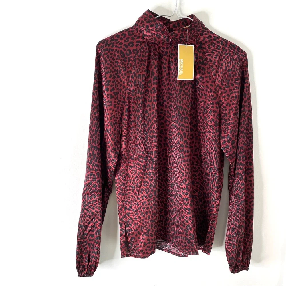 MICHAEL Michael Kors Wine Black Animal Print Pleated Blouse Long Puff Sleeve NWT - Picture 1 of 9